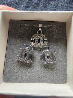 Non Authentic Silver Crystal CC Logo Necklace & Stud Earring Set